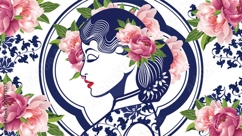 Vector Blue and White Chinese Lady in Retro Style with Peony Flower.