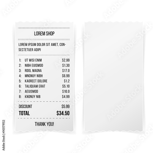 Sales Printed Receipt White Empty Paper Template Vector