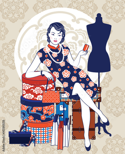 Vector of Chinese Vintage Lady with Present Box, Shopping bag, Vintage grunge travel suitcase and Accessories in Fashion Shopping Action on Brown background. on Brown background.