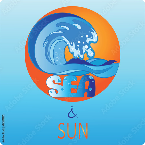 Sun, sea and waves. Emblem. Icon. Logo. Text. Sea wave on the background of the solar disk. Vector image.