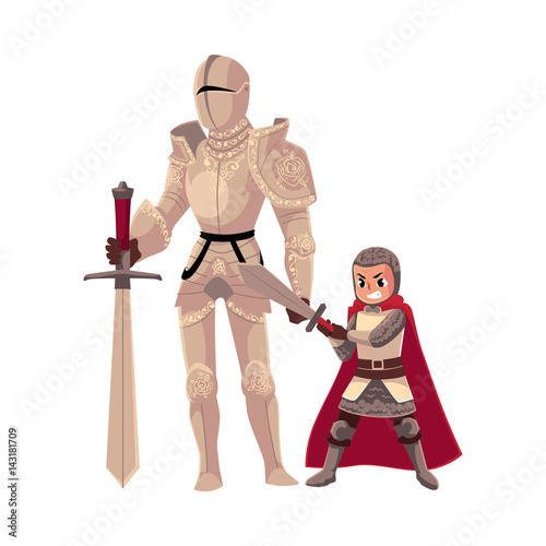 Medieval knight in decorated metal suit and his armor bearer, squire, cartoon vector illustration isolated on white background. Full length portrait of medieval heavy armored knight and armor bearer