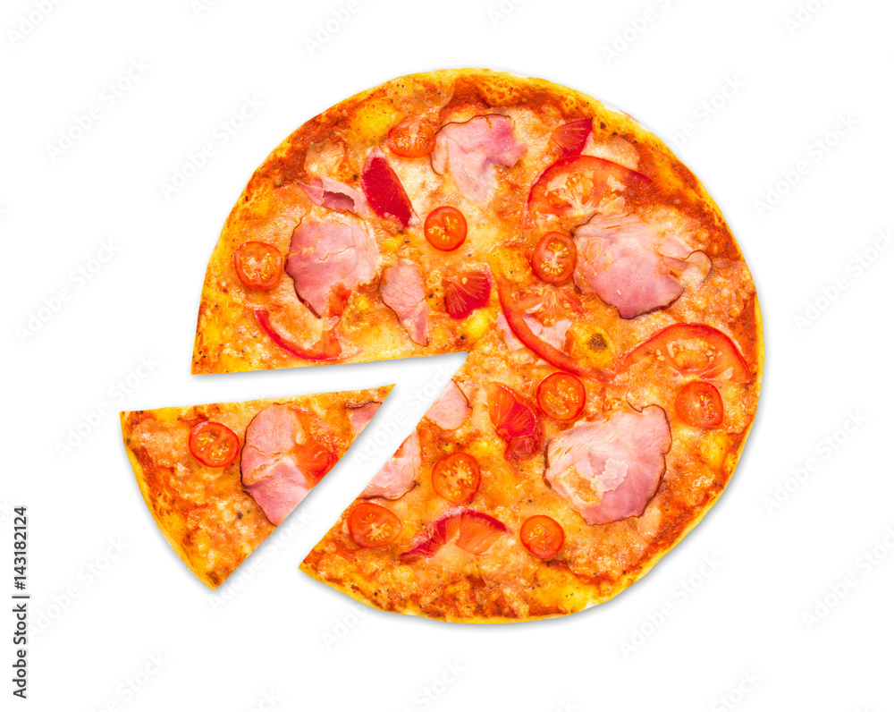 Delicious pizza with ham and tomatoes isolated Delicious pizza with ham and tomatoes isolated