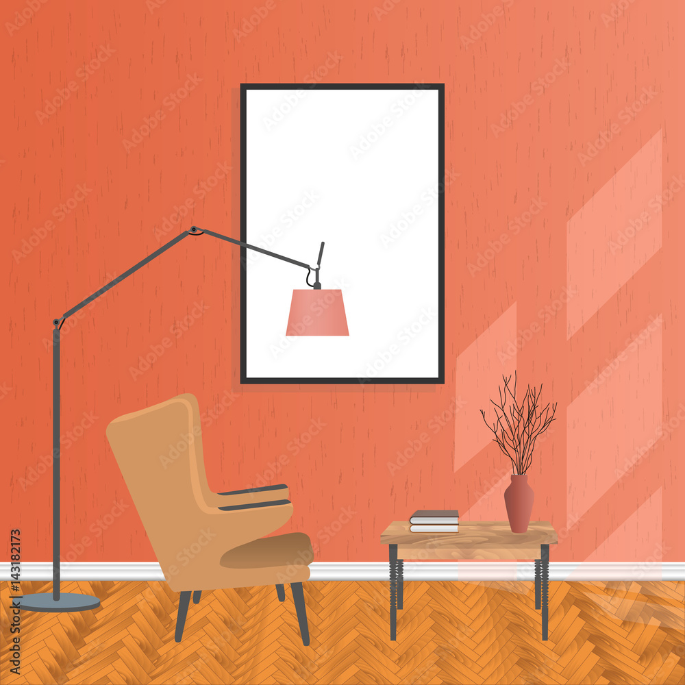 Fototapeta premium Mockup living room interior in hipster style with empty frame, armchair and table. Loft dwelling design.