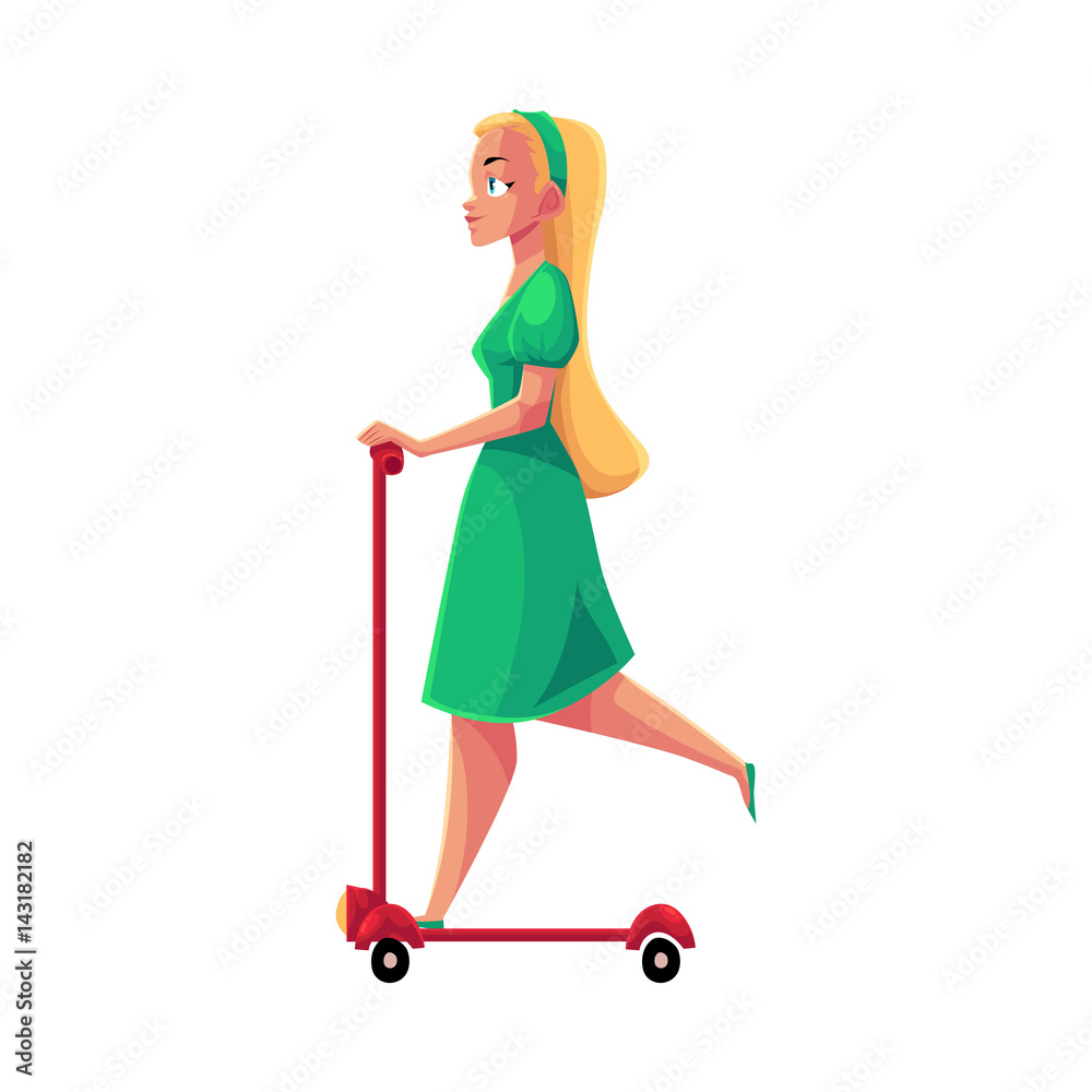 Young pretty blond girl, woman in dress riding kick scooter, side view,  cartoon vector illustration isolated on white background. Girl riding,  using push scooter, personal transport Stock-Vektorgrafik | Adobe Stock