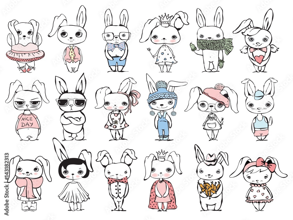 Fototapeta Cute rabbits for greeting card design, t-shirt print, inspiration poster.