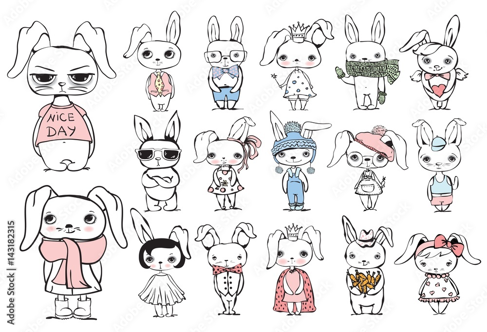 Fototapeta premium Vector set with stylish cute rabbits for greeting card design, t-shirt print, inspiration poster.