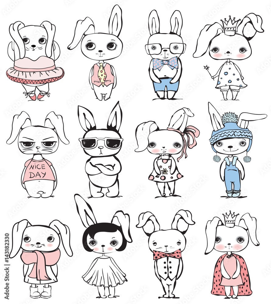 Set of 12 cute vector fashion rabbits