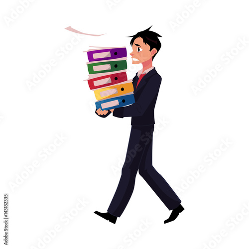 Young businessman overloaded with document folders, stressed out, in rush, cartoon vector illustration isolated on white background. Young messed up businessman with document folders, feeling stressed