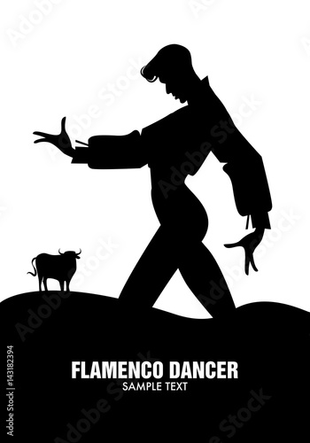 Man dancing flamenco and bull silhouettes in the background