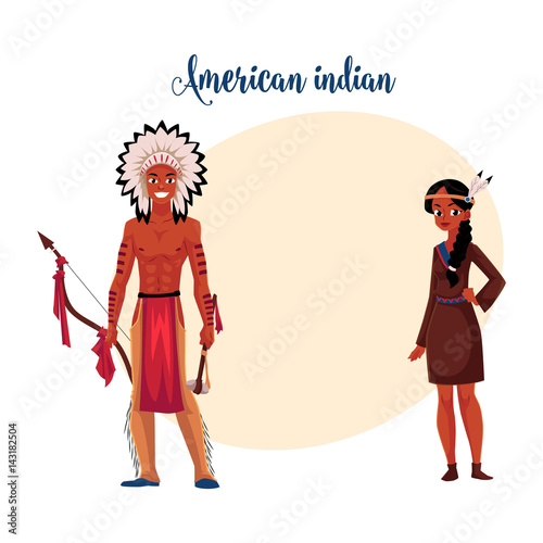 Native American Indian couple in traditional buckskin dress and breechcloth with leggings, cartoon vector illustration with space for text. Native American, Indian people in national clothes