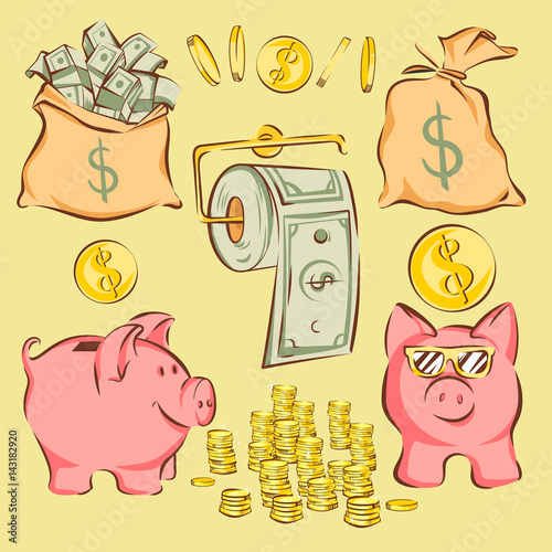 Vector set of finance items and metaphors in comic cartoon style: money bags, piggy bank, coins, dollar toilet paper