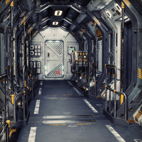 Fototapeta Naklejka Na Ścianę i Meble -  Futuristic metal Sci-Fi Corridor tunnel or ship interior . 3d rendering illustration . 3d render