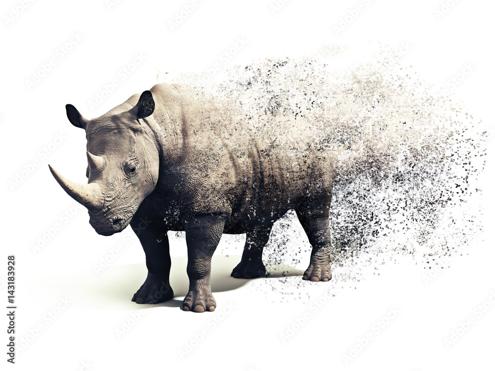 Fototapeta premium Rhinoceros on a white background with a dispersion abstract effect. 3d rendering