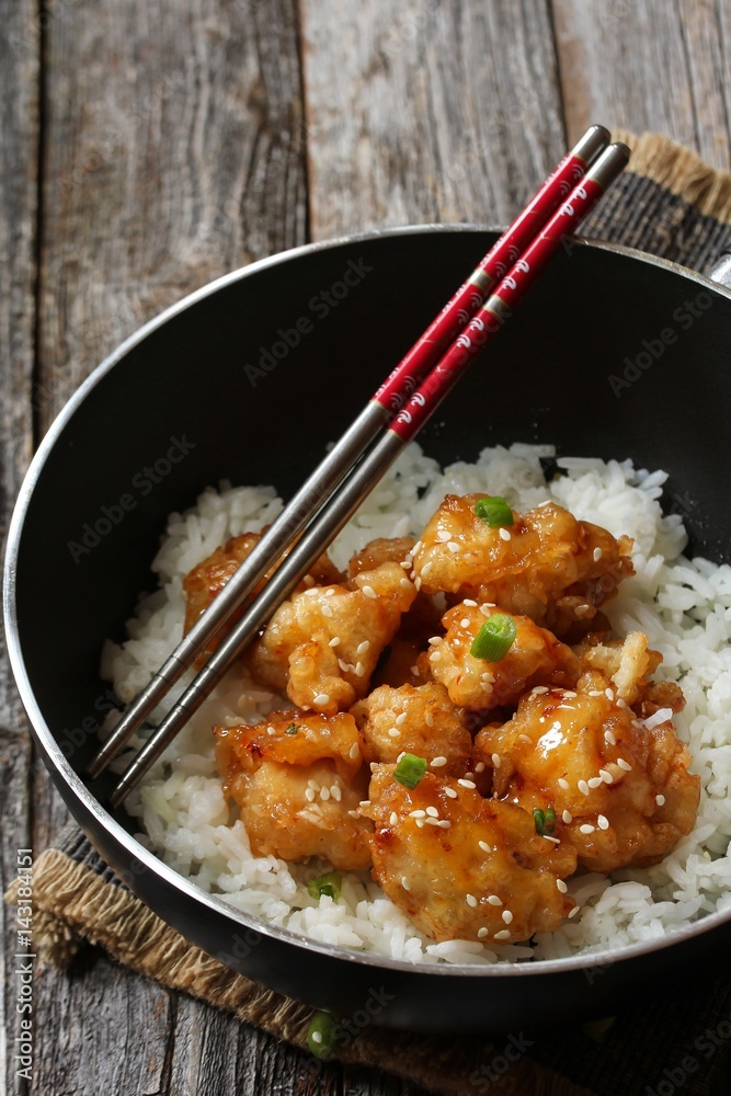 Honey Sesame Chicken served with Jasmin rice Honey Sesame Chicken served with Jasmin rice