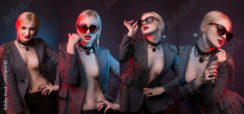 Fashionable woman in jacket and wearing chocker showing different poses