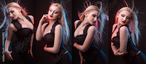 Sexy lady in a corset with red and blue light showing different poses at studio