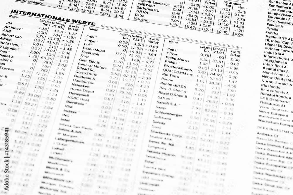 Kurstabelle einer Börsenzeitung Kurstabelle einer Börsenzeitung