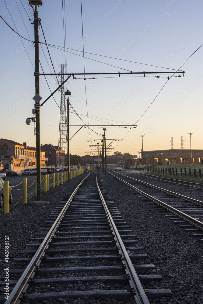 Train tracks in New Orleans at sunrise