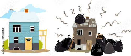 Smelly house buried under garbage bags creating problems for it's neighbors, EPS 8 vector illustration