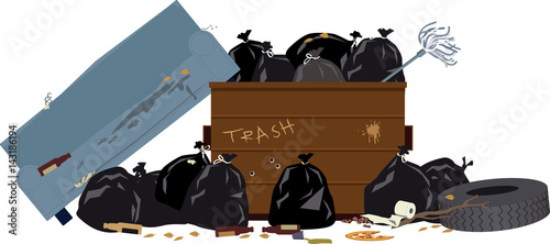 Overfilled dumpster with garbage bags, tire and old couch, EPS 8 vector illustration