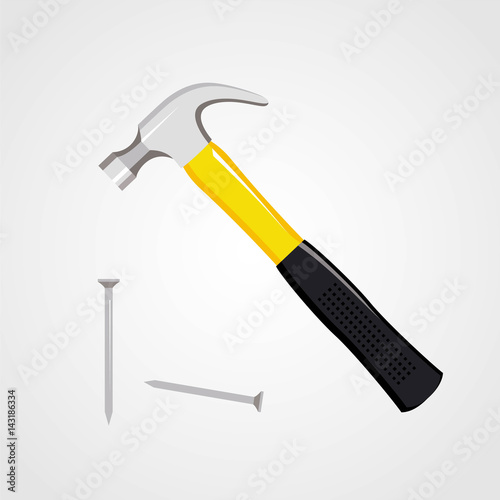 Hammer and nails. Carpenter hammer isolated icon. Hammer vector stock image. Vector flat illustration