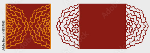 DIY laser cutting vector envelope. Laser cut Wedding invitation template. Die cut paper card with ornamental silhouette.