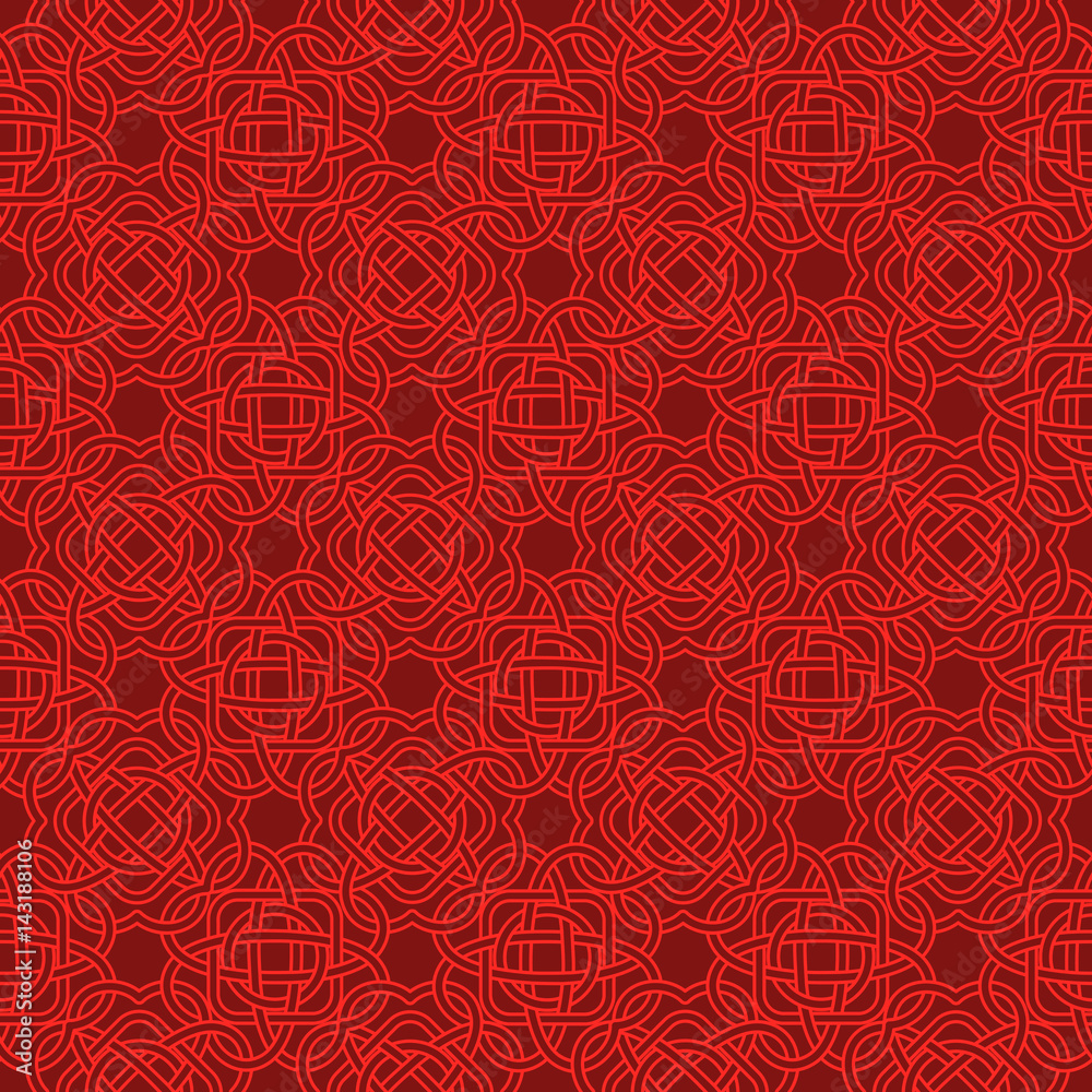 Celtic seamless pattern in Medieval style. Plexus background in red shades. Stock vector
