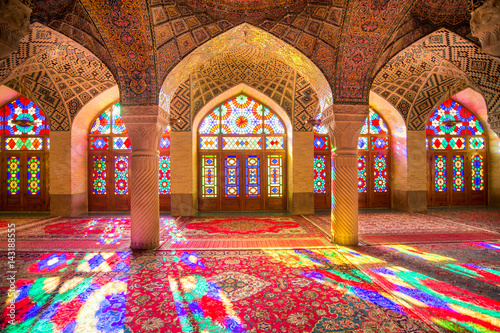 OCTOBER 23, 2016 - Shiraz, the Islamic Republic of Iran : The morning sunlight shining through the stained-glass creates the great array of colors projected into the prayer halls.