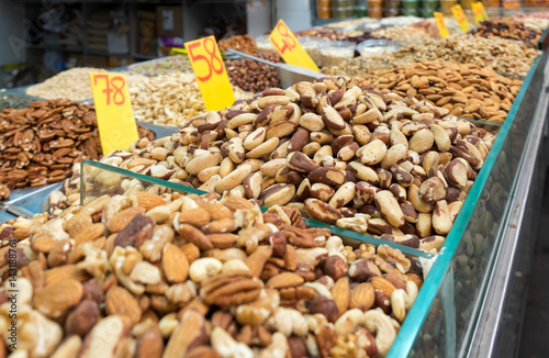 Different nuts for sale at Mahane Yehuda Market, popular marketplace in Jerusalem, Israel