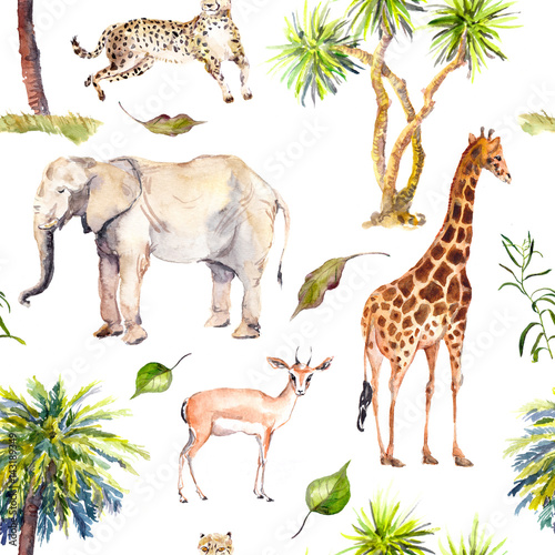 Fototapeta Naklejka Na Ścianę i Meble -  Palm trees and savannah animals - giraffe, elephant, cheetah, antelope. Zoo seamless pattern. Watercolor