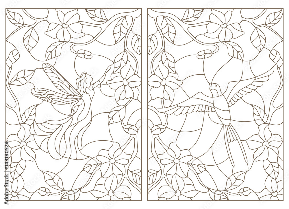 Set contour illustrations in the stained glass style , bird and fairy on the background of flowers