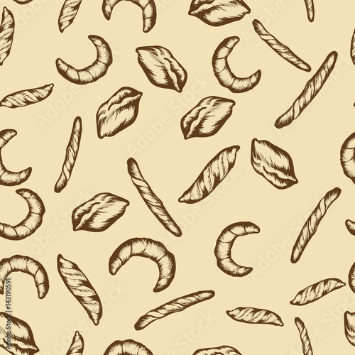 Seamless pattern with a variety of bakery products. Vector illustration.