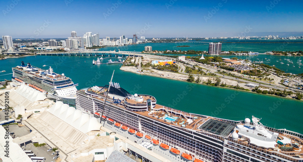 Miami aerial skyline with port and cruise ships, Florida - USA
