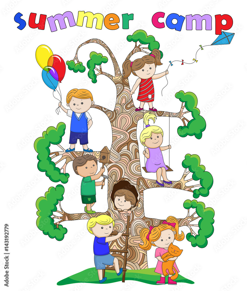 Illustration on the theme of summer holidays and summer camps for children for various things around the tree on a white background Illustration on the theme of summer holidays and summer camps for children for various things around the tree on a white background