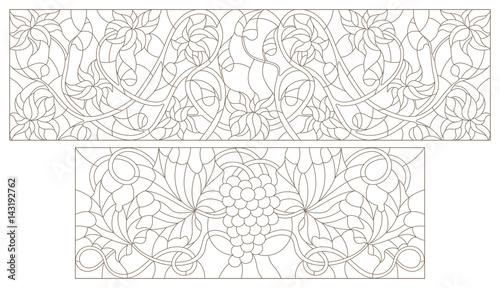 Set contour illustrations of stained glass with abstract swirls , grapes and flowers , horizontal orientation
