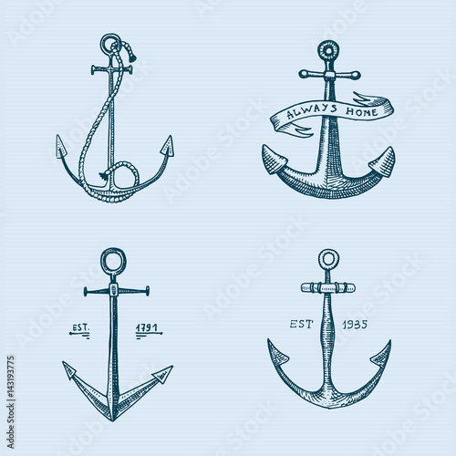 Anchor engraved vintage in old hand drawn or tattoo style, drawing for marine, aquatic or nautical theme, wood cut, blue logo