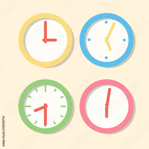 Collection wall clock patterns. Icons clock in flat vector style. Set of multi-colored office hours