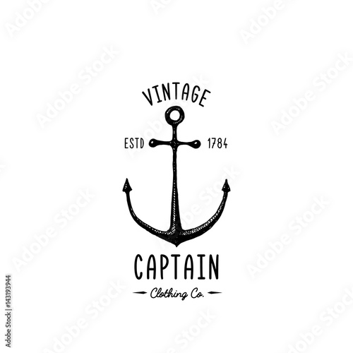 Anchor engraved vintage in old hand drawn or tattoo style, drawing for marine, aquatic or nautical theme, wood cut, blue logo