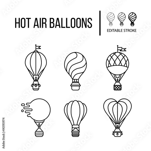 Hot air balloon line icon set. Outline vector illustration.