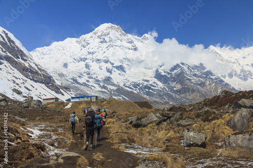 Tourists trekking to Himalaya Annapurna base camp, Nepal