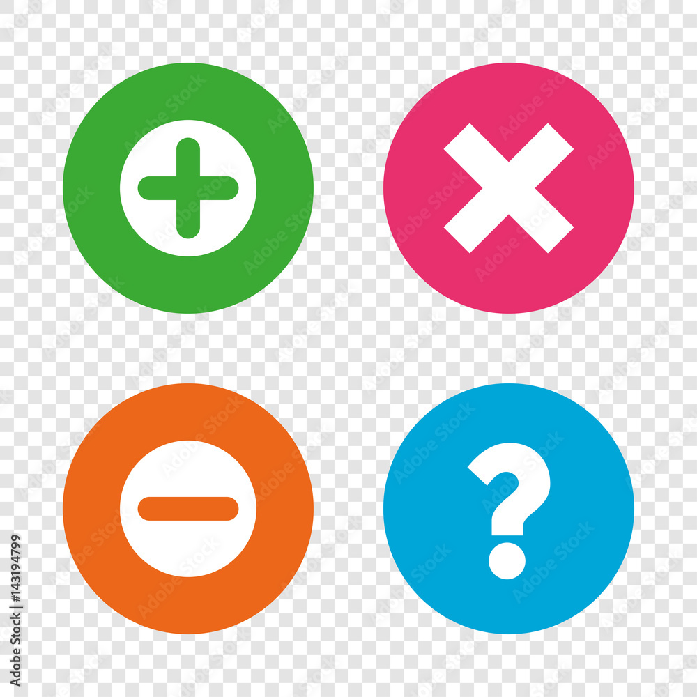 Obraz premium Plus and minus icons. Question FAQ symbol.