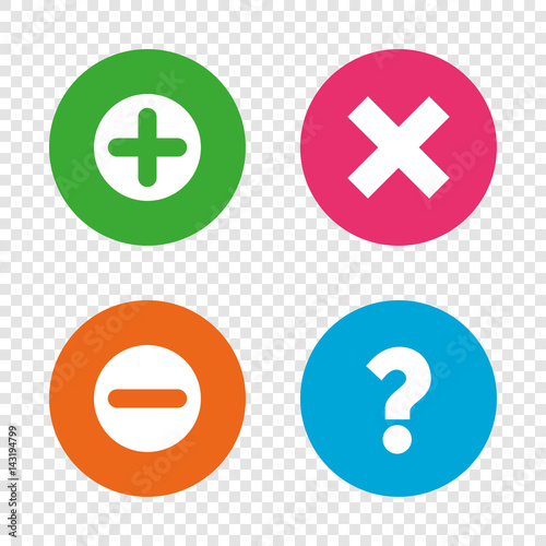 Plus and minus icons. Question FAQ symbol.