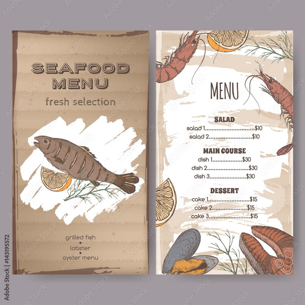 Color seafood restaurant menu template with sketch of grilled fish ...