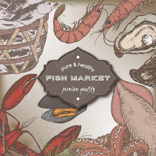 Vintage color template with fish and seafood baskets, shrimps, lobster, oysters.