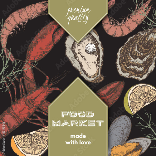 Color food market template with lobster, oyster and mytilus.