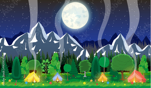 Meadow with grass and camping.