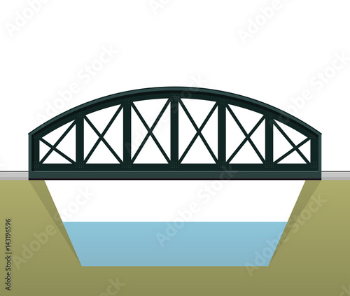 Vector arched train bridge in side view and isolated on white background. Industrial 2d transportation building. Metallic bridge architecture. Railway arc bridge. Assembled riveted bridge construction