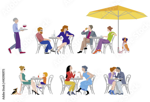A vector illustration of group of people. Series of fashion people, men and women, sitting and drinking coffee in the street cafe.