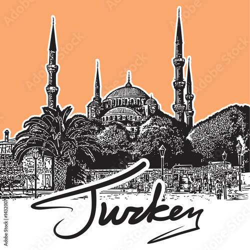 The famous mosque in Istanbul, Turkey is Blue Mosque or the Sultanahmet Mosque. Graphic vector illustration.
Image template for design of greeting card.