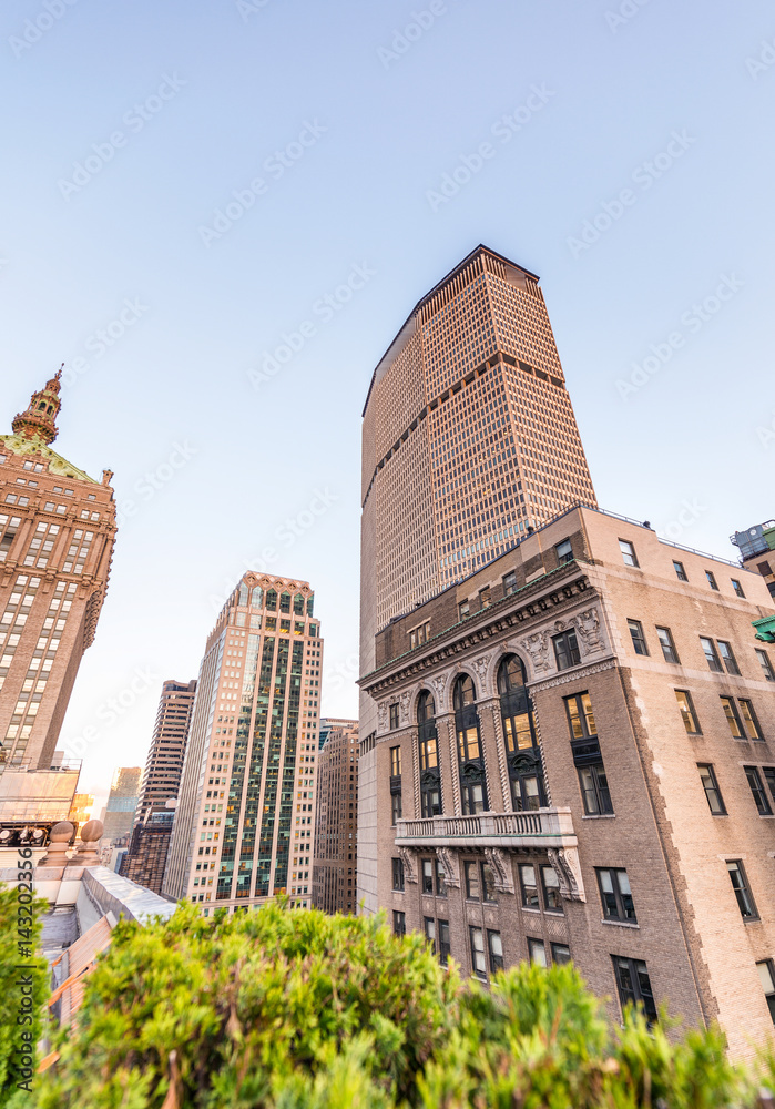 Obraz premium New York buildings at night with vegetation